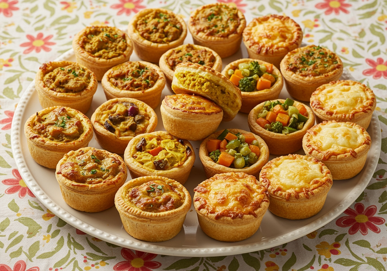 A diverse platter of various mini meat pies, showcasing different toppings and fillings like a curry-spiced one, a vegetable-rich one, and a classic cheesy one, on a colorful patterned tablecloth.