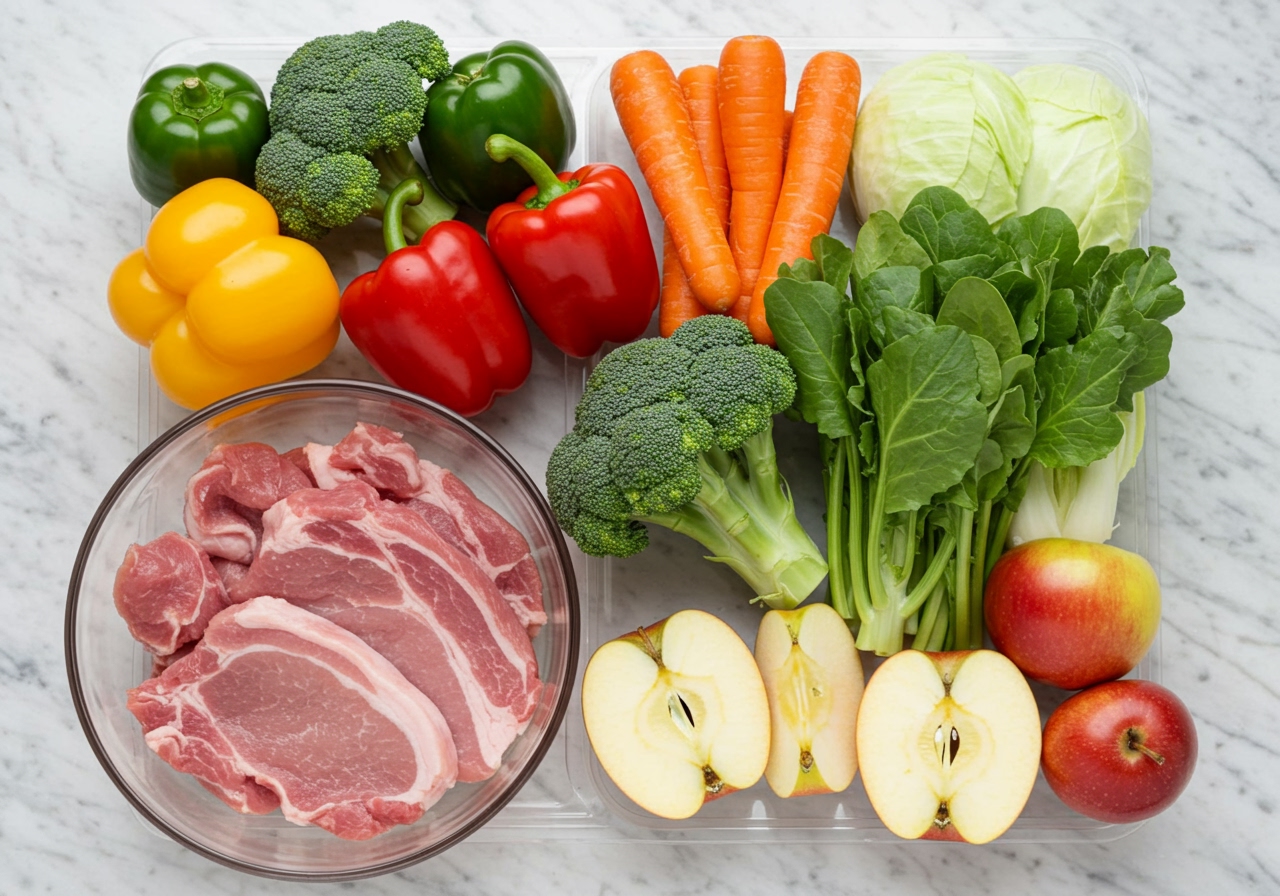 A diverse selection of fresh, colorful vegetables like bell peppers, carrots, broccoli, and mushrooms, arranged next to a bowl of pre-cut pork and apple slices, representing healthy meal prep ingredients.