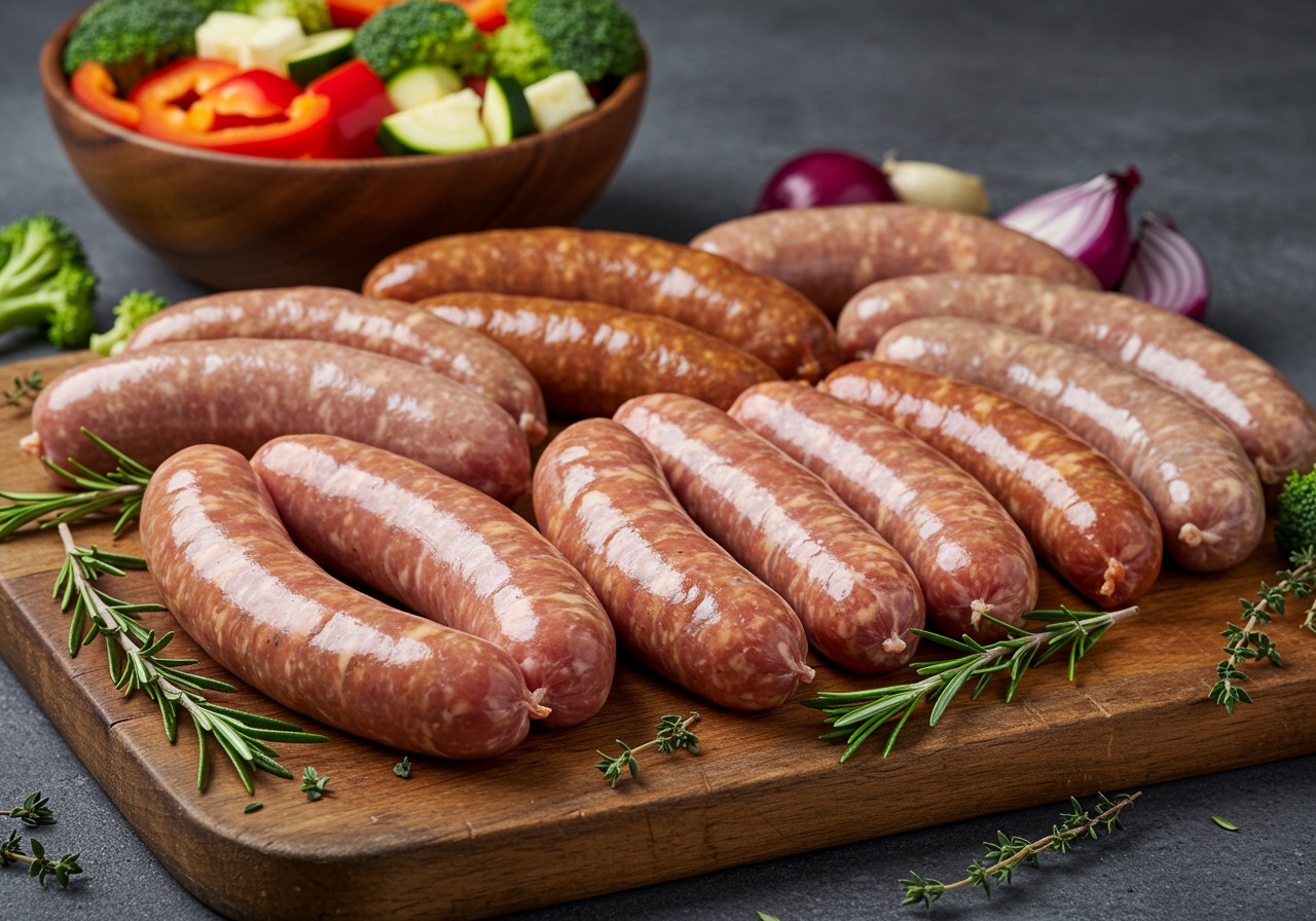 A diverse selection of raw sausages (pork, chicken, Italian-style, and plant-based) arranged aesthetically on a rustic wooden cutting board, surrounded by fresh herbs like rosemary and thyme, with a bowl of vibrant, colorful chopped seasonal vegetables (bell peppers, zucchini, red onions, broccoli florets) in the background, all ready for a sheet pan meal.