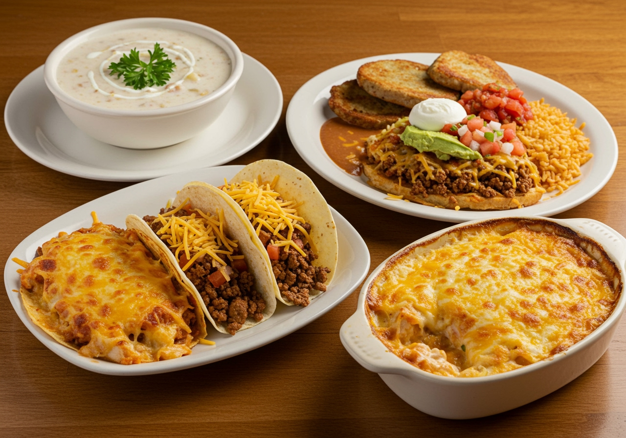 A diverse spread of American regional comfort foods, including a bowl of clam chowder, a plate of spicy Tex-Mex tacos, and a hearty Midwest casserole.
