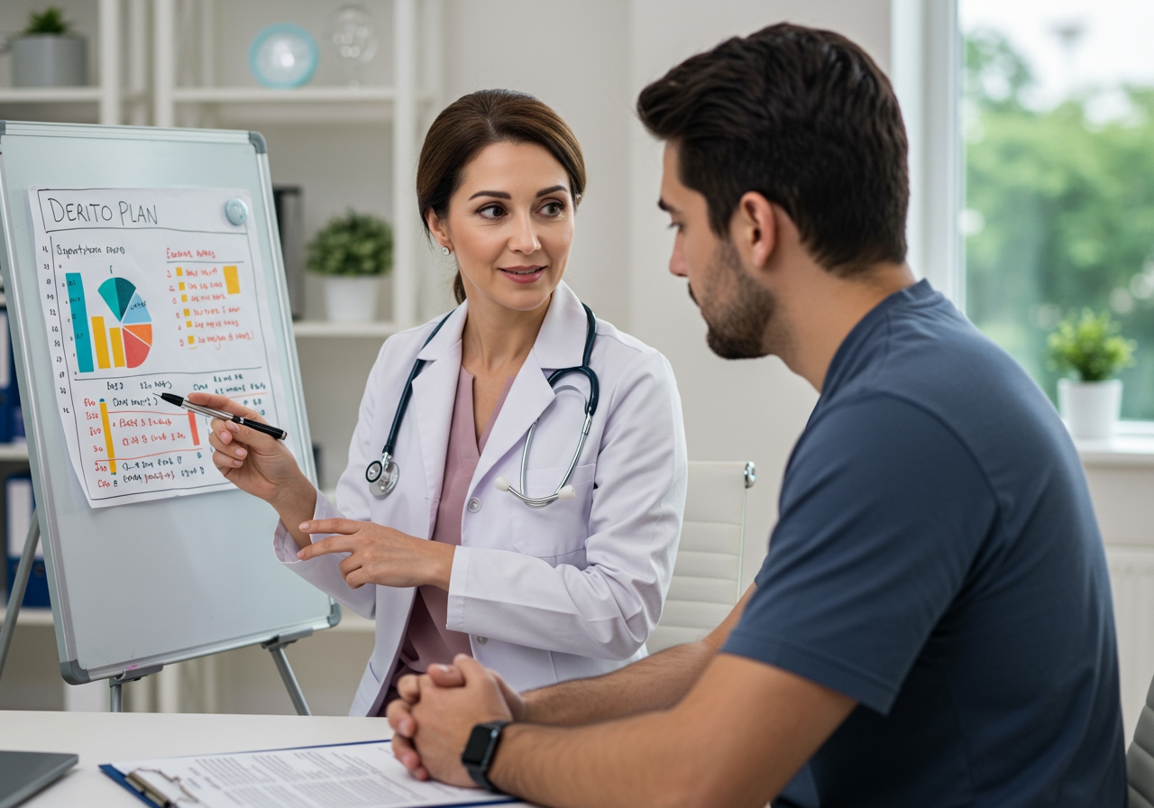 A doctor and patient discussing a diet plan during a consultation.