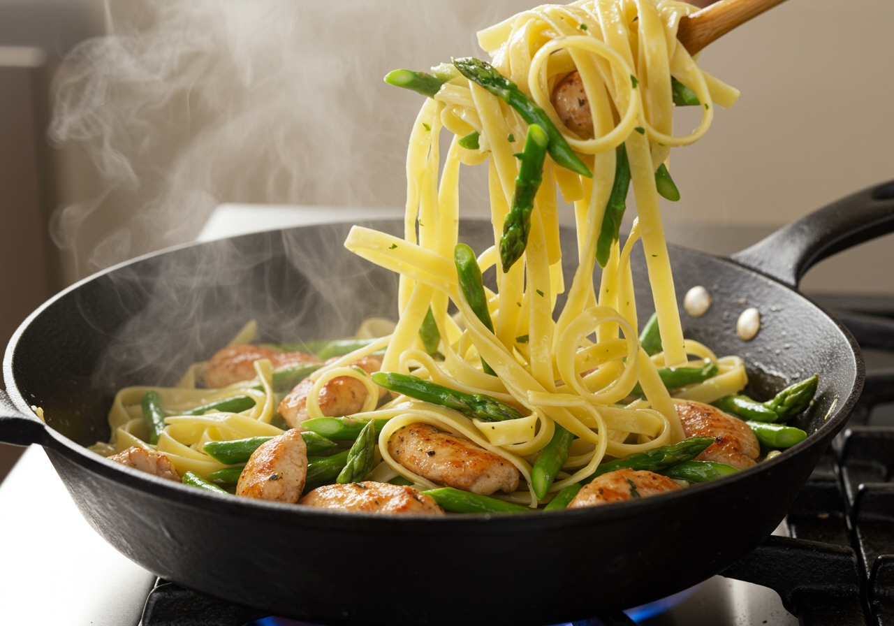 A dynamic overhead shot of the chicken and asparagus fettuccine being tossed in a large pan, showing steam rising and the ingredients mixing perfectly.