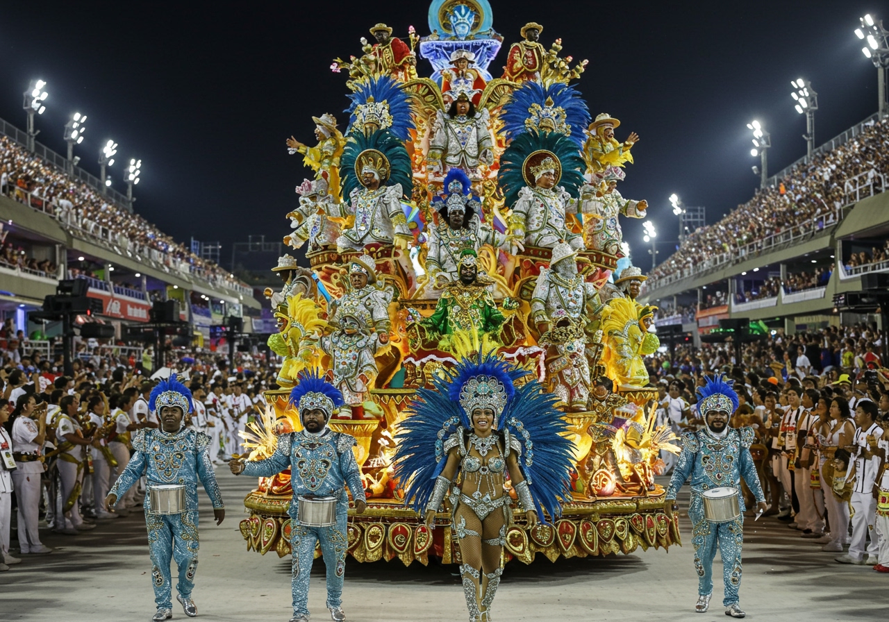 A dynamic scene from the Rio Carnival, showing elaborately costumed samba dancers in front of a massive, intricately decorated parade float, with a huge crowd cheering them on in the background.