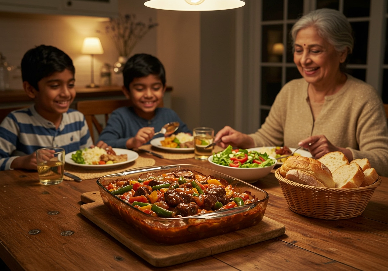A family dinner table scene, with a beautiful beef and vegetable casserole as the centerpiece, surrounded by side dishes like crusty bread and a green salad. Warm, inviting atmosphere.