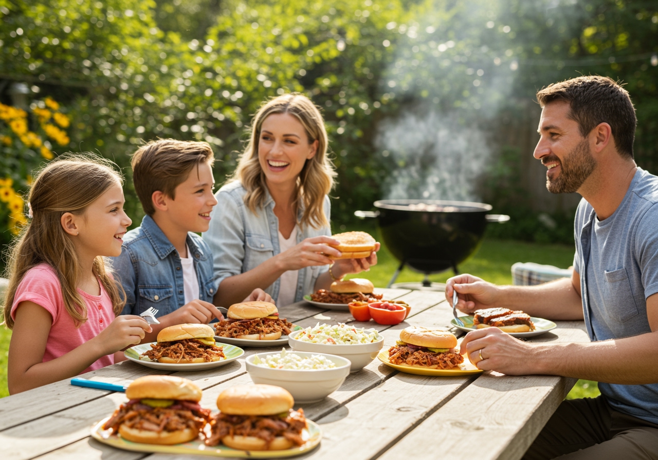 A family enjoying a backyard BBQ, with plates of BBQ sandwiches and bowls of coleslaw, in a bright, sunny setting.