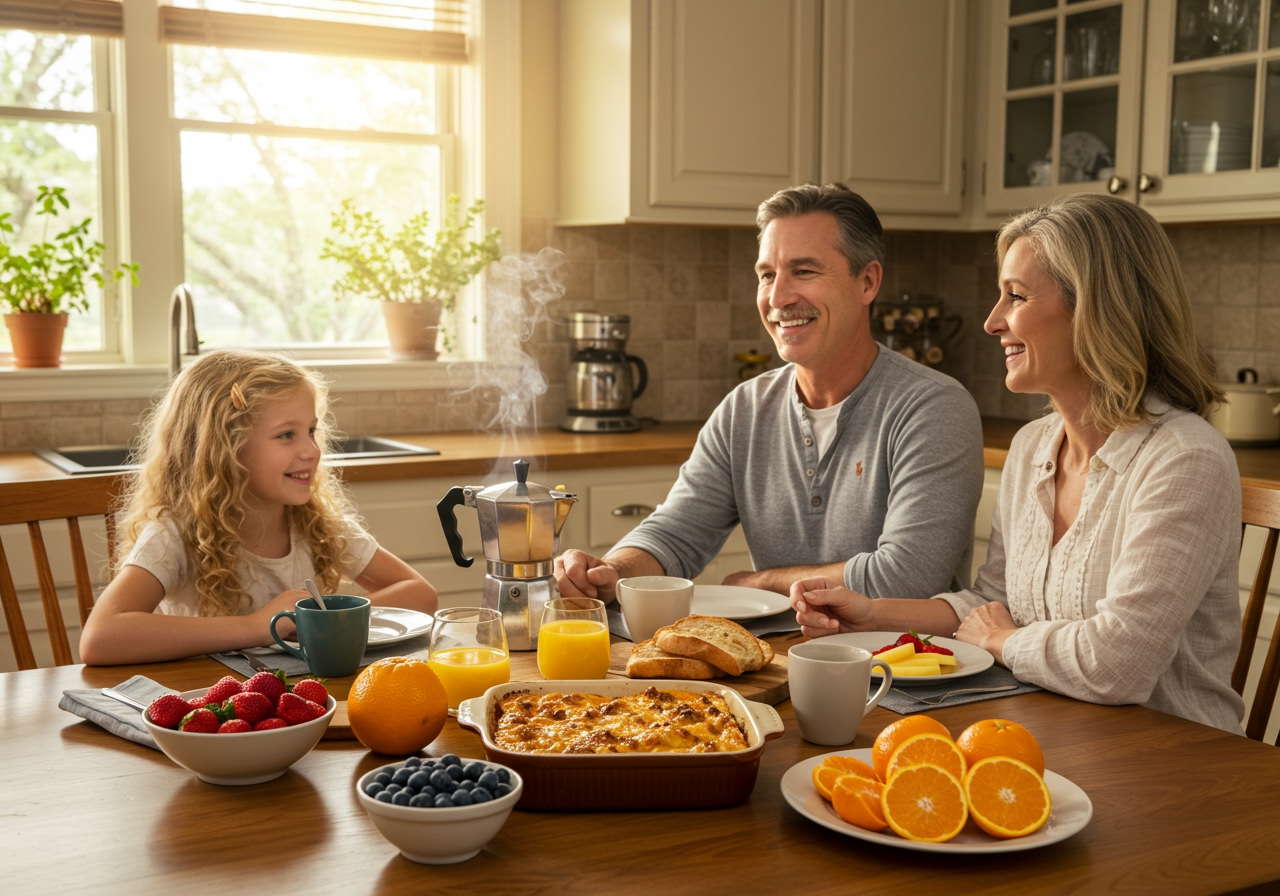 A family enjoying a brunch spread that includes the sausage brunch casserole, fresh fruit, and coffee, with happy expressions in a warm, inviting kitchen setting.