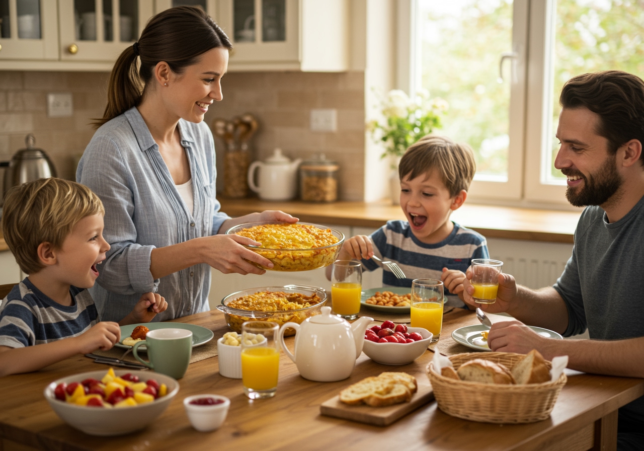 A family enjoying a hash brown casserole meal together at a cozy kitchen table, with various side dishes and drinks.