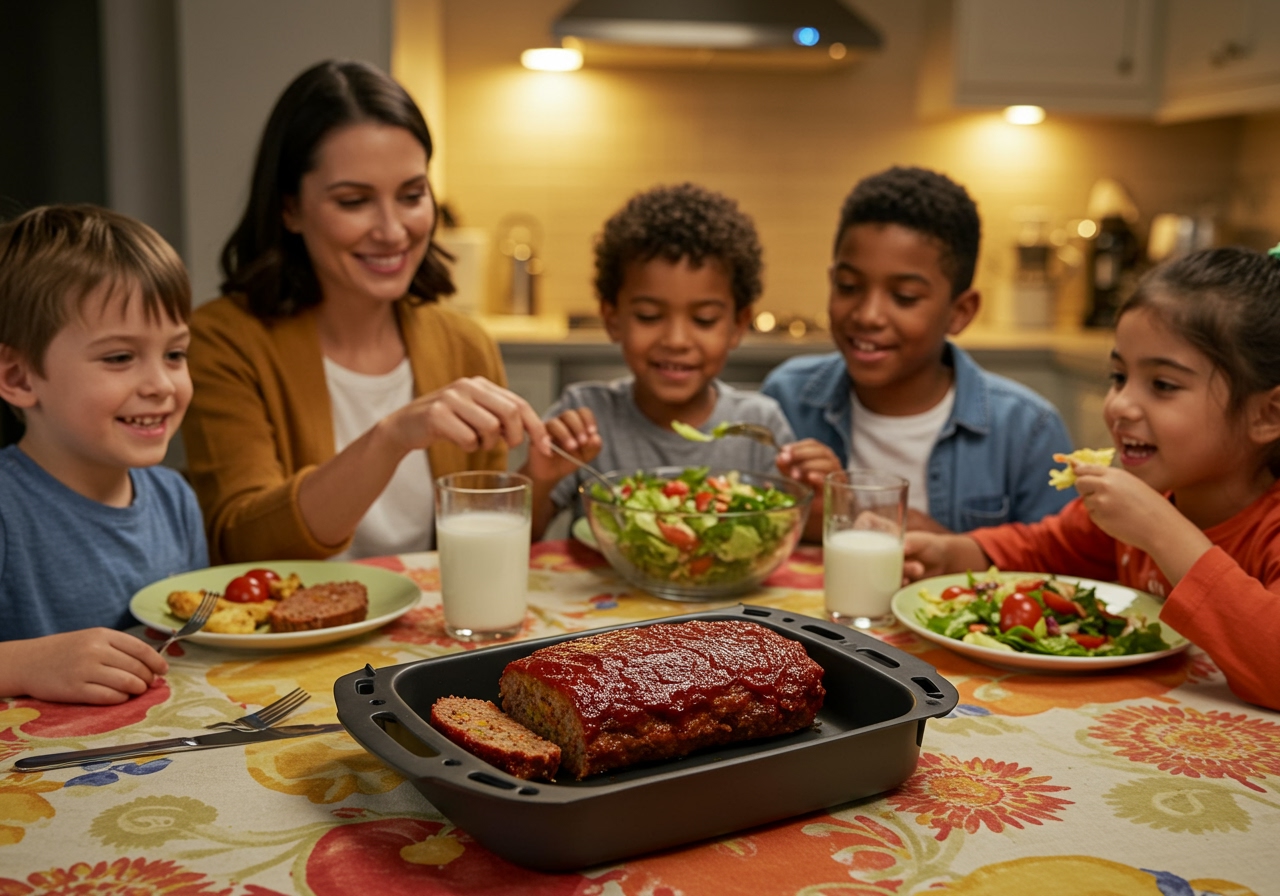 A family enjoying a healthy dinner featuring air fryer meatloaf, with children happily eating. The scene is warm and inviting.
