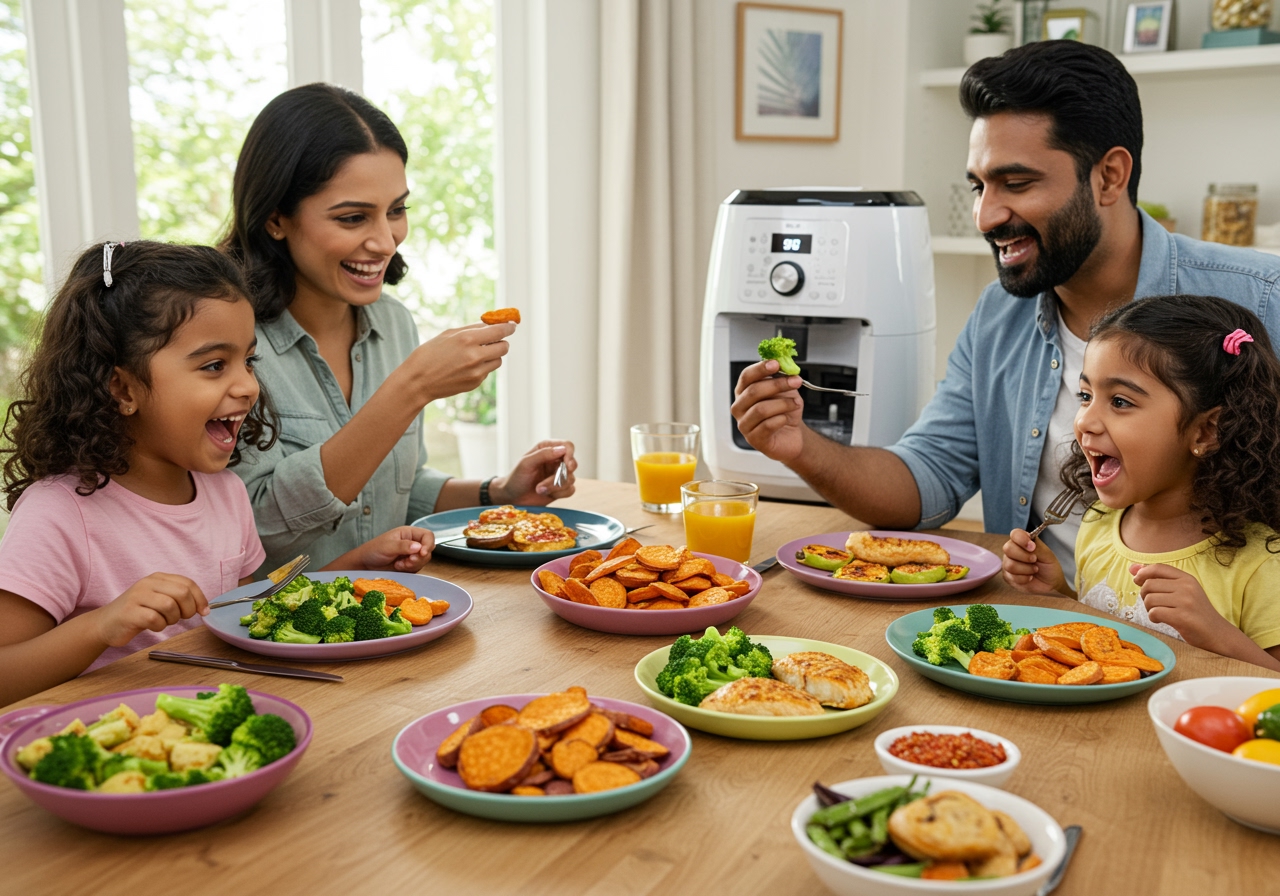 A family enjoying a healthy meal featuring air-fried dishes at a dining table.