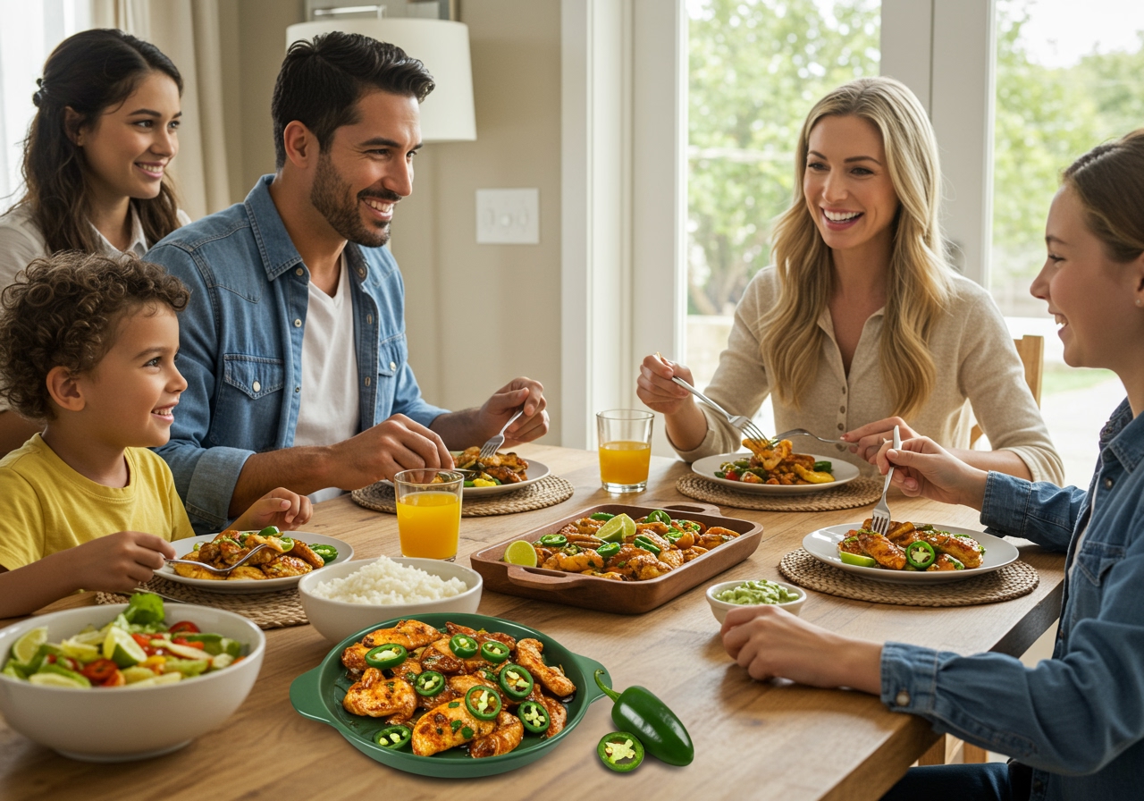 A family enjoying a meal featuring jalapeño lime chicken with smiles, indicating happiness and satisfaction.