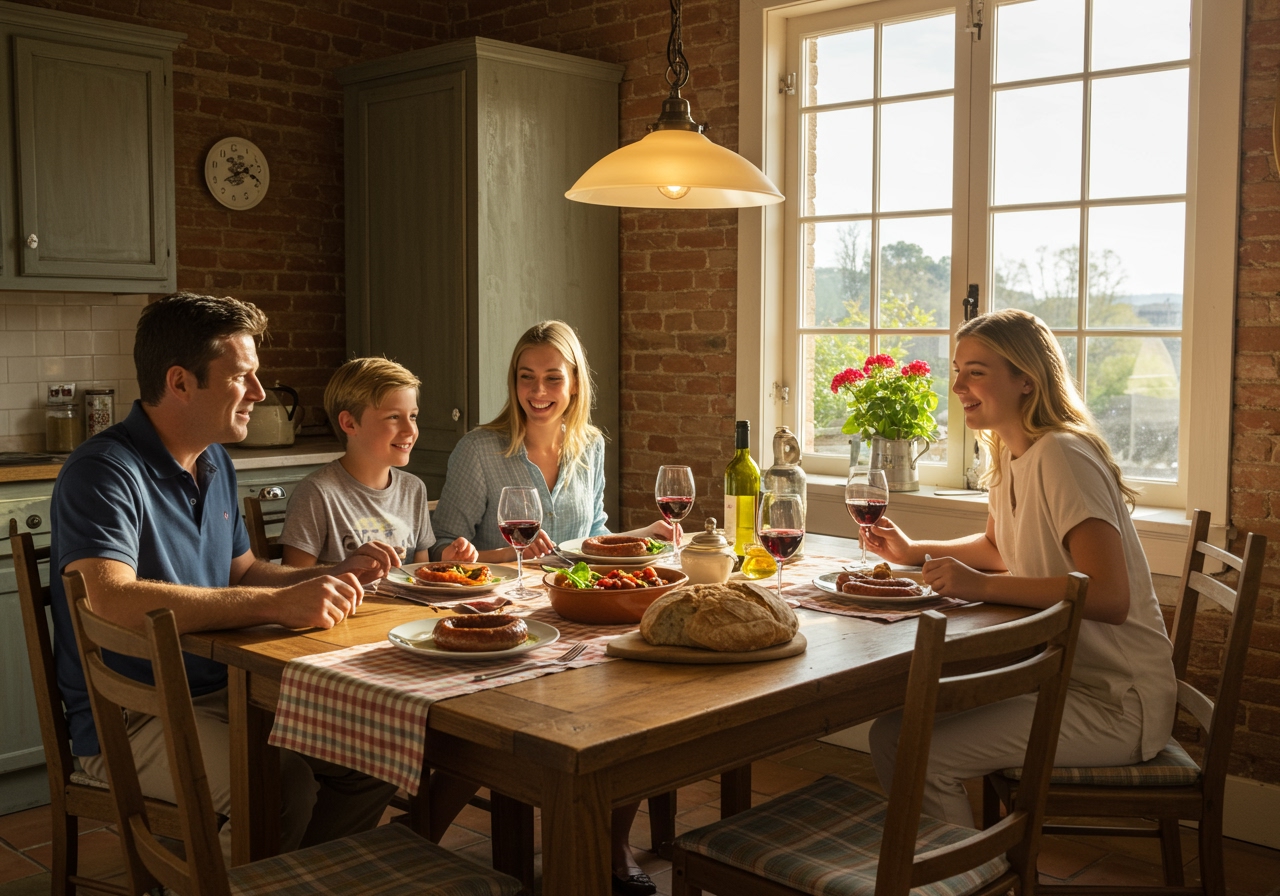 A family enjoying a meal of Italian sausage and zucchini at a rustic dining table, with wine glasses and fresh bread, in a warm, inviting kitchen setting.