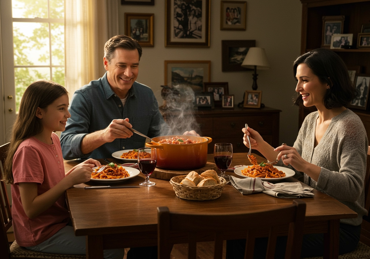 A family enjoying a meal of Valerie-style Bolognese pasta around a cozy dining table, with happy expressions, emphasizing the dish as a comforting family favorite.