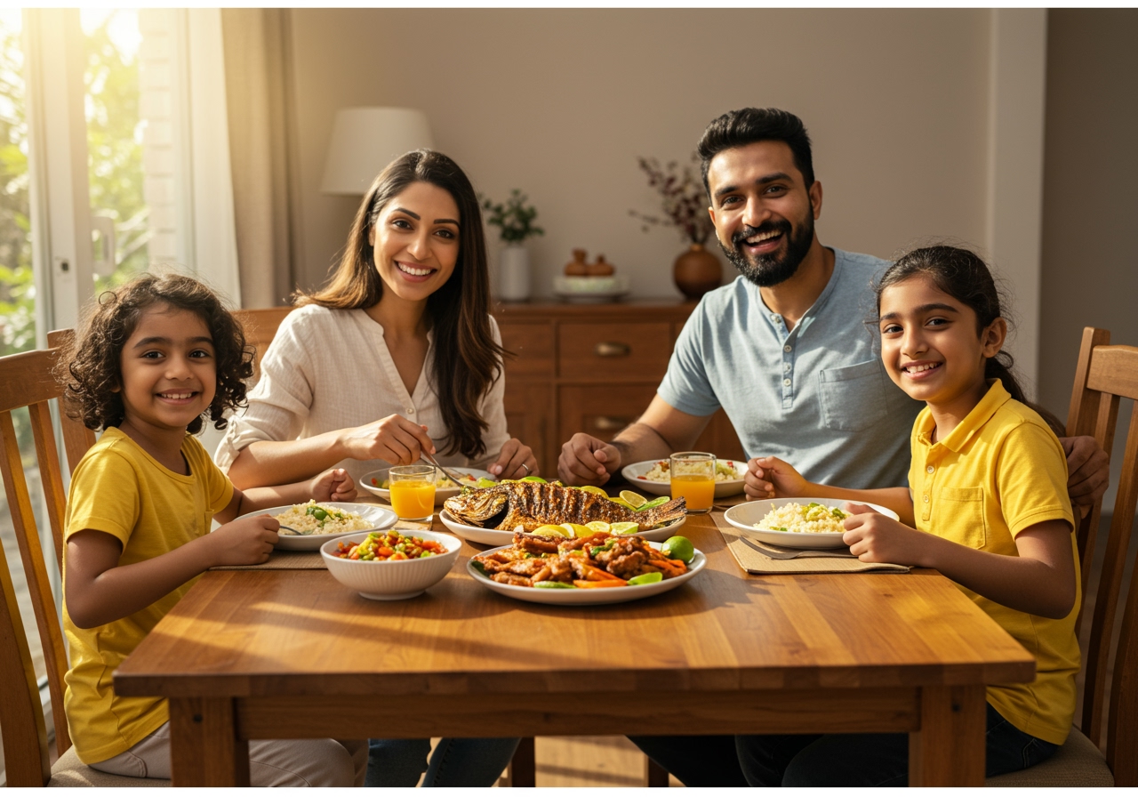 A family enjoying a meal together, with fish dishes on the table. Everyone is smiling.