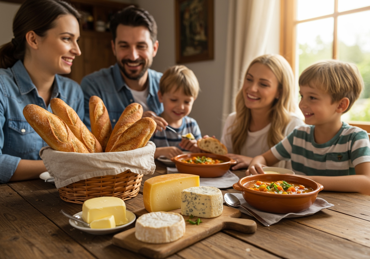 A family enjoying a meal with freshly baked baguettes, butter, cheese, and a bowl of soup on a rustic wooden table, bathed in warm sunlight.
