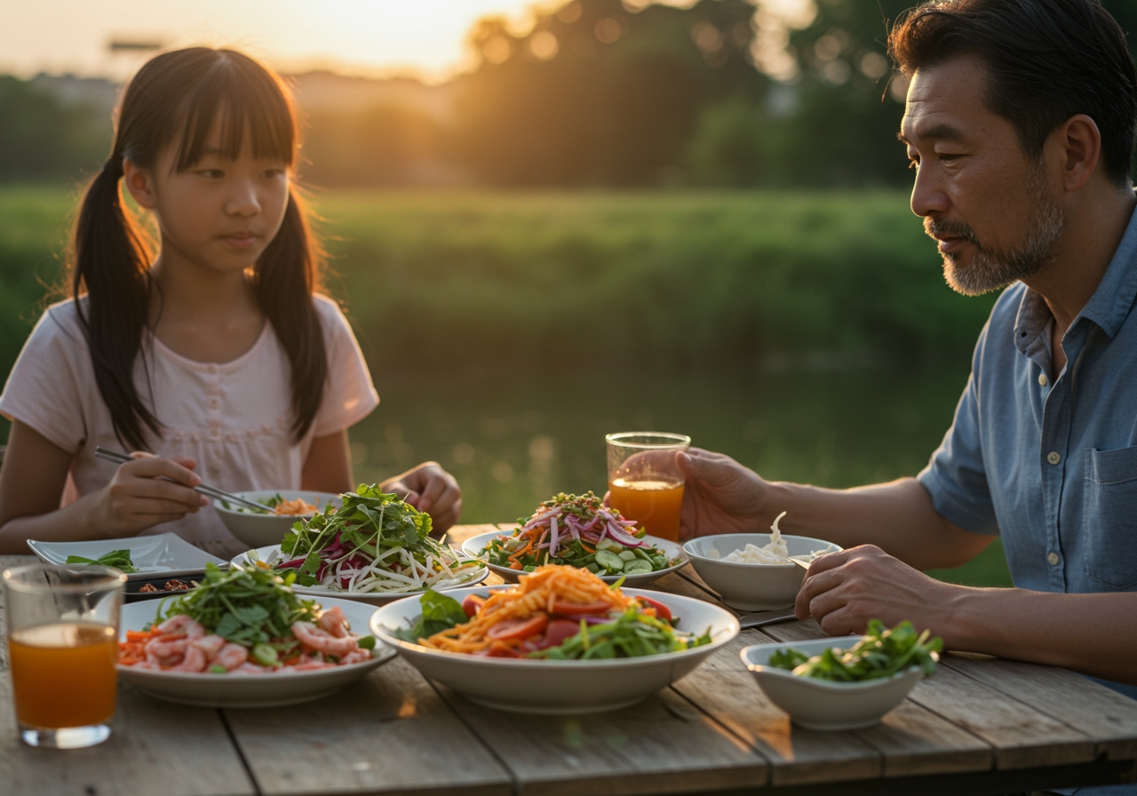 A family enjoying a refreshing meal including cold shabu-shabu salad on a warm summer evening.