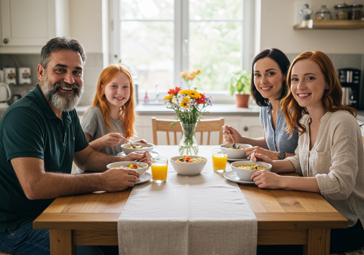 A family enjoying bowls of vegetable cheese soup at a dinner table, with happy expressions, creating a warm and inviting atmosphere.