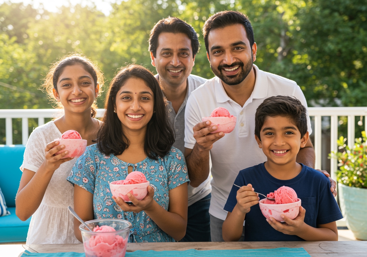 A family enjoying homemade strawberry ice cream on a sunny patio, with happy smiles and bowls in hand.