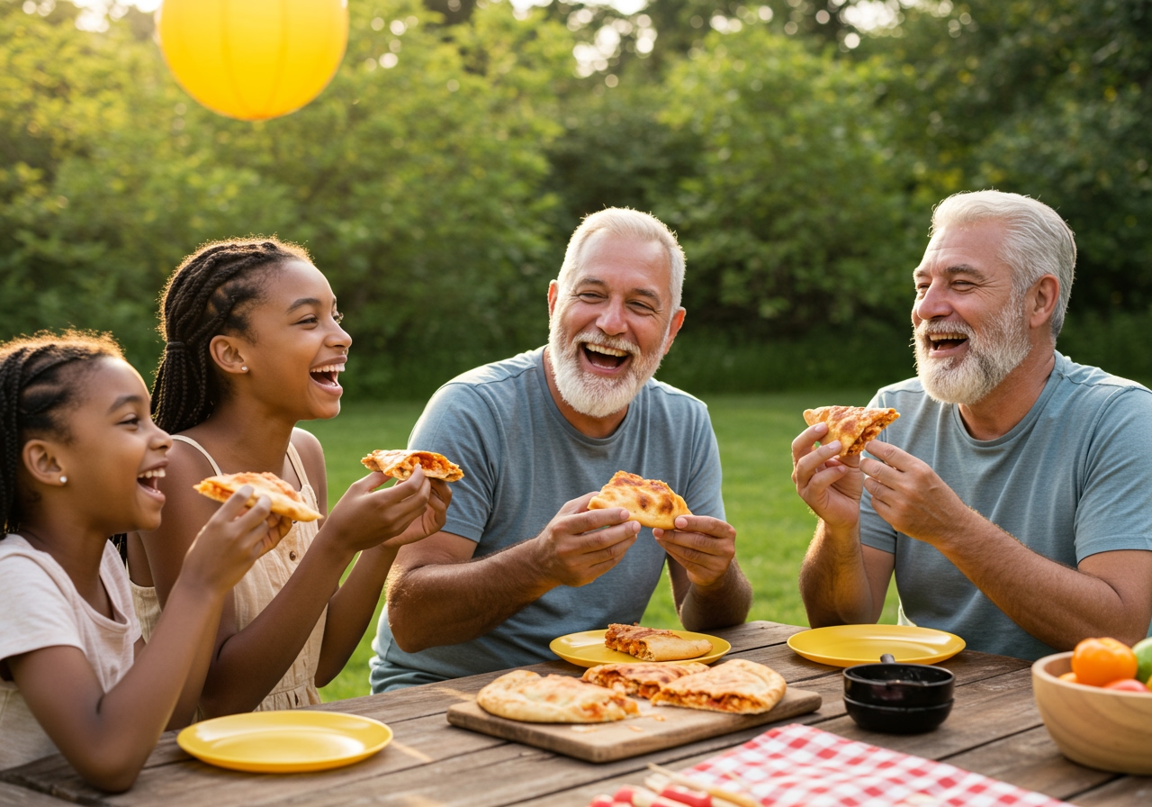 A family enjoying individual slices of BBQ chicken calzone outdoors, perhaps at a picnic or backyard BBQ setting, with laughter and sunshine.