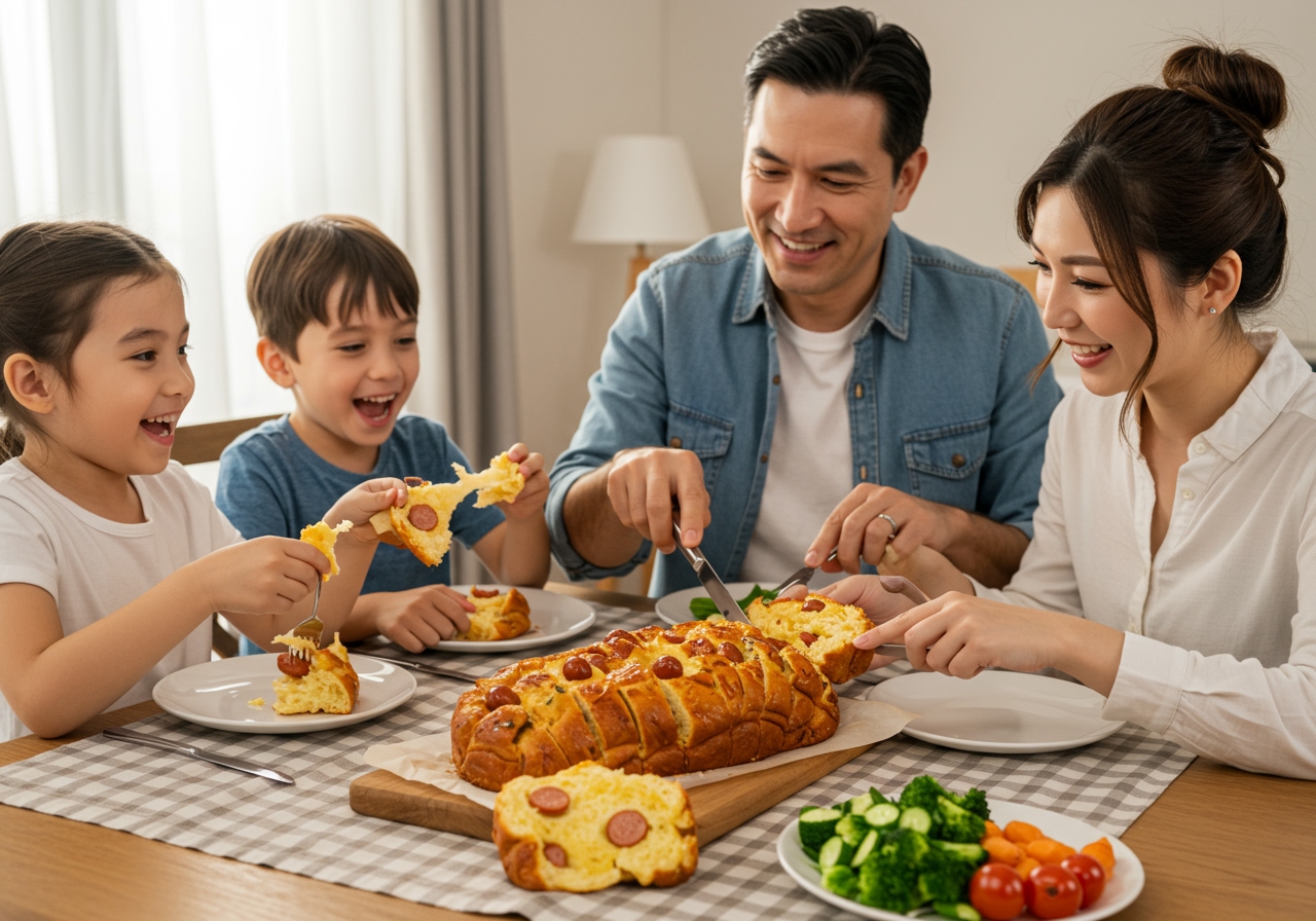 A family enjoying pull-apart sausage bread together at a casual dinner table.