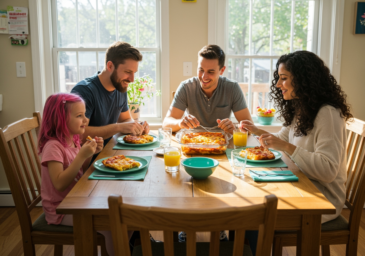A family enjoying slices of the pizza breakfast casserole for breakfast at a sunlit table.