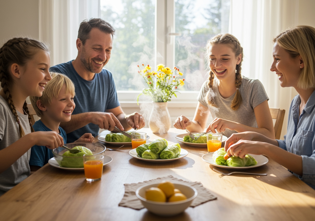 A family happily enjoying a meal of healthy cabbage rolls together at a bright, cozy dinner table, with steam rising from the plates.