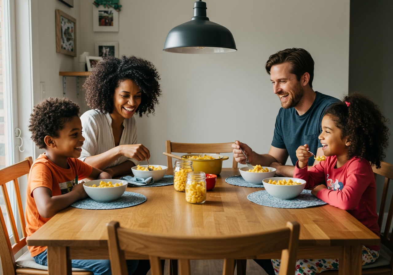 A family happily gathered around a dining table, enjoying bowls of homemade healthy mac and cheese. The atmosphere is warm and inviting, full of laughter and shared moments.