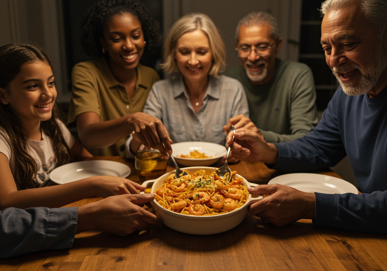 A family happily gathered around a dining table, enjoying the healthy garlic shrimp pasta bake, with warm and inviting lighting.