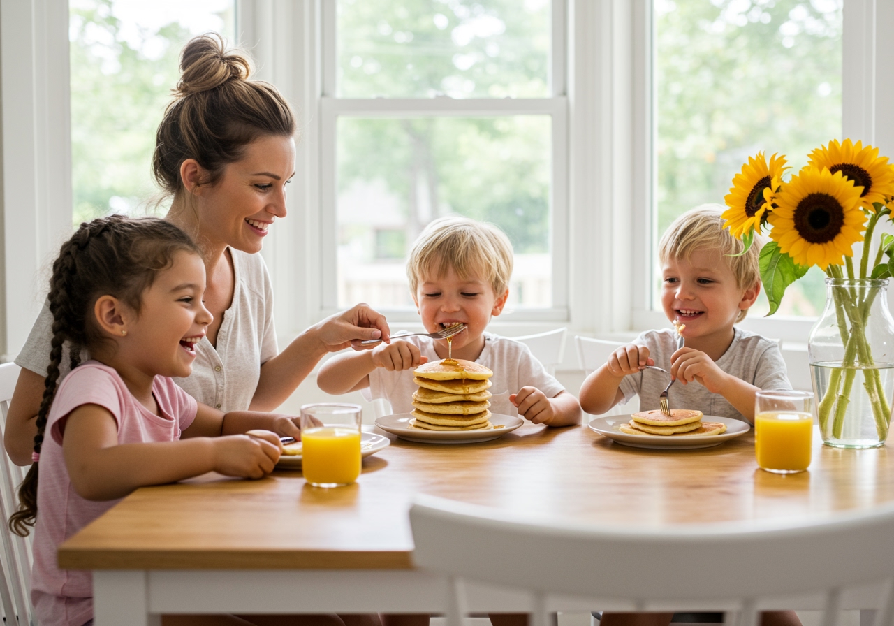 A family, including a mother and two young children, happily eating buttermilk pancakes together at a brightly lit kitchen table, smiling and enjoying their breakfast.