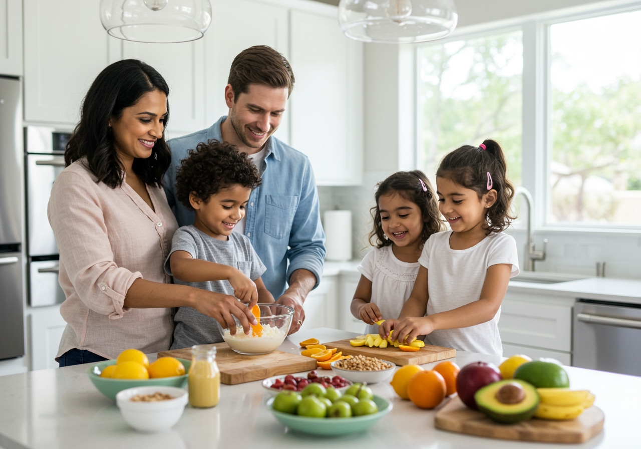 A family, including two young children, happily preparing healthy snacks together in a bright, modern kitchen, mixing ingredients and arranging fruits.
