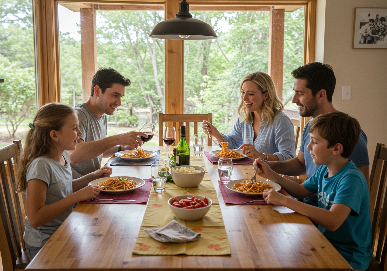 A family or group of people enjoying a healthy low-carb pasta meal together at a dining table.