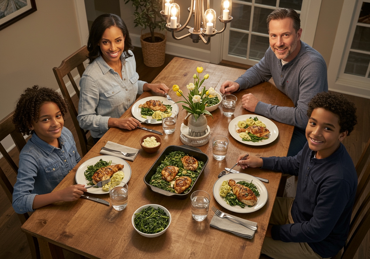 A family sitting around a dinner table, happily eating the spinach artichoke chicken with smiles, indicating it's a popular and easy family meal.