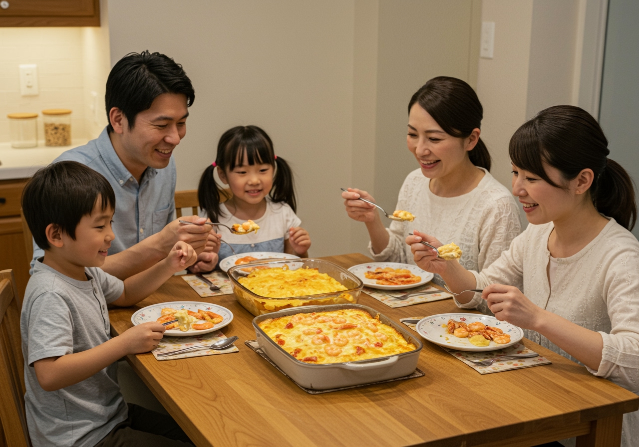 A family sitting around a dinner table, happily sharing a large dish of shrimp cream doria.