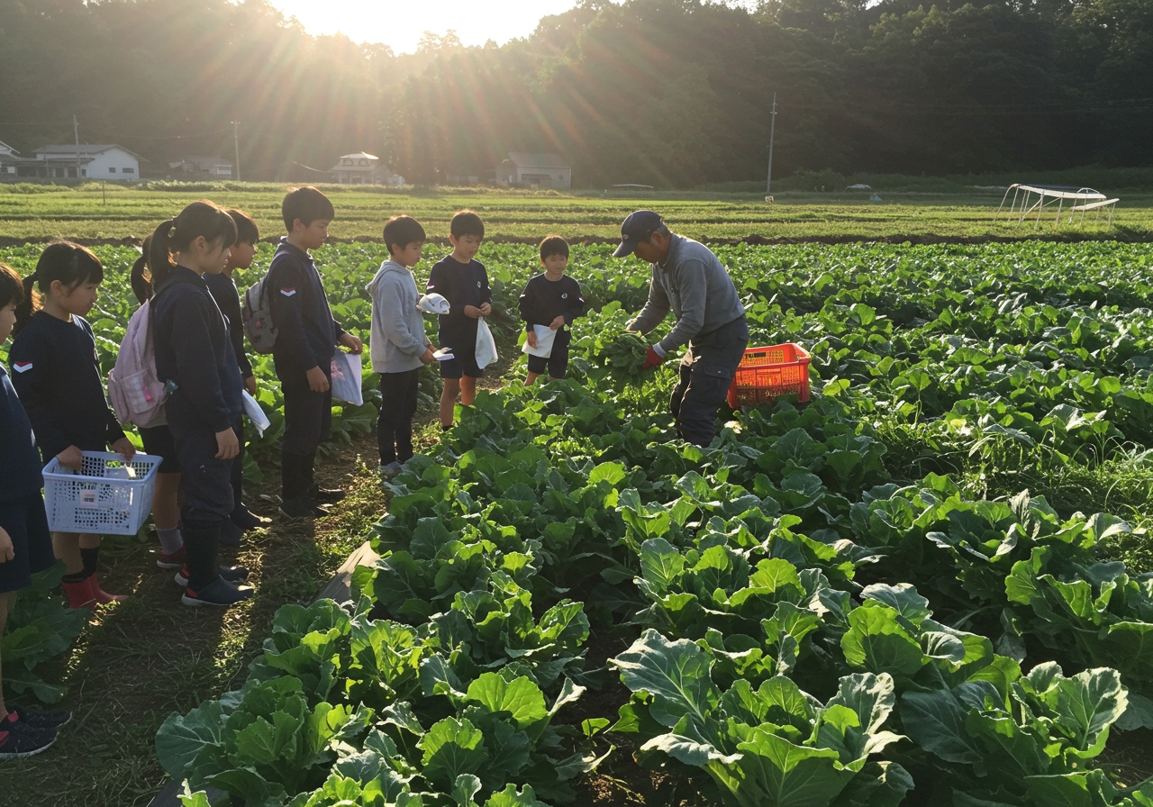 A farmer harvesting fresh vegetables in a sunny field, with a few Japanese school children observing with interest from a safe distance, learning about where their food comes from.