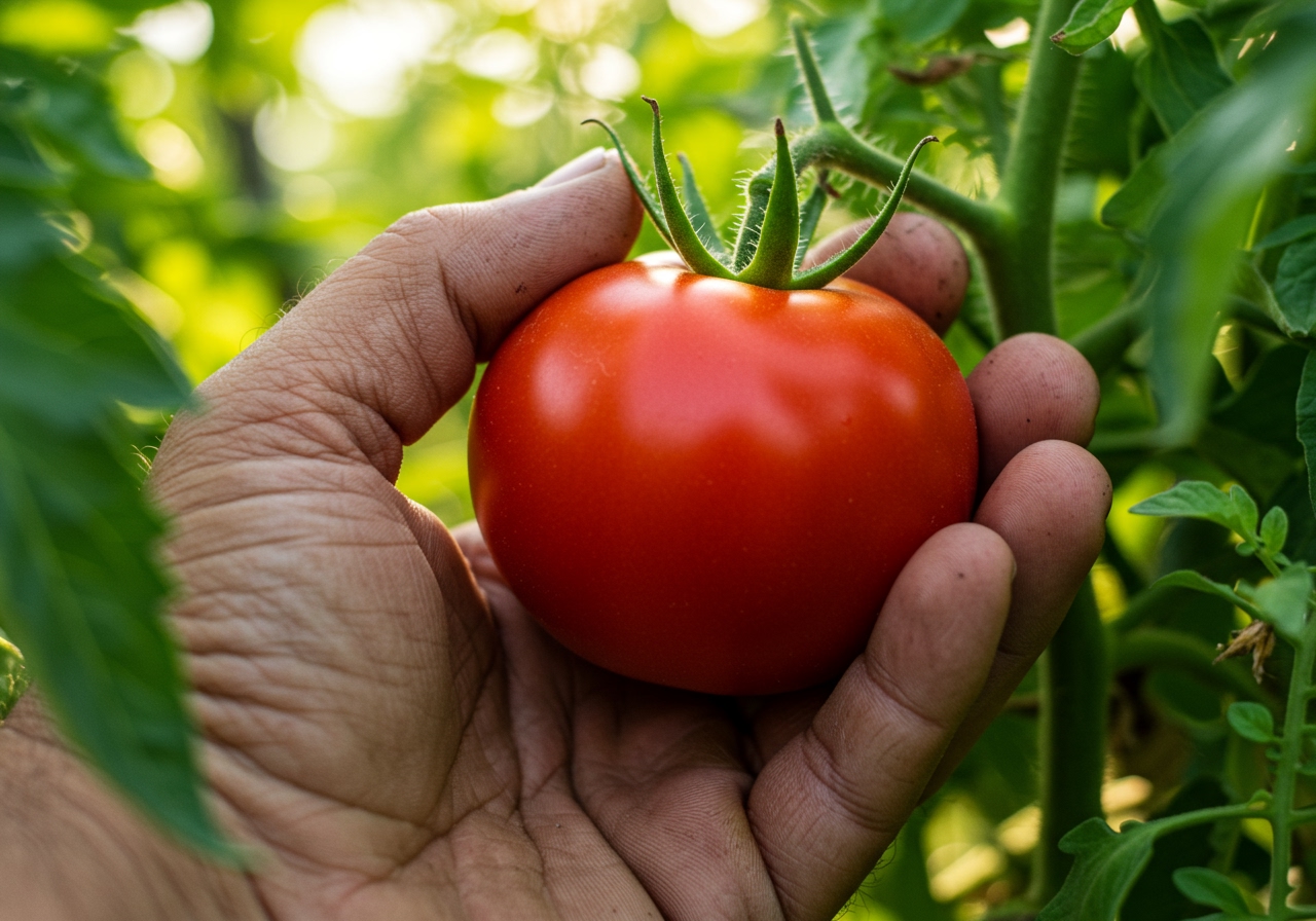 A farmer's hand gently picking a ripe red tomato from a vine, symbolizing freshness and expert care.