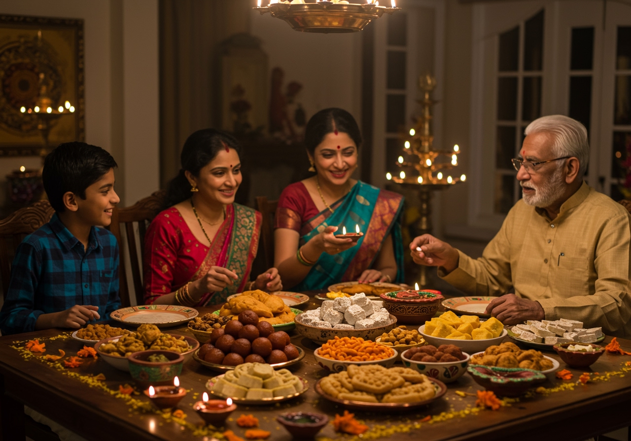 A festive Indian family sharing a meal during Diwali, with platters of colorful sweets and savory snacks on the table.