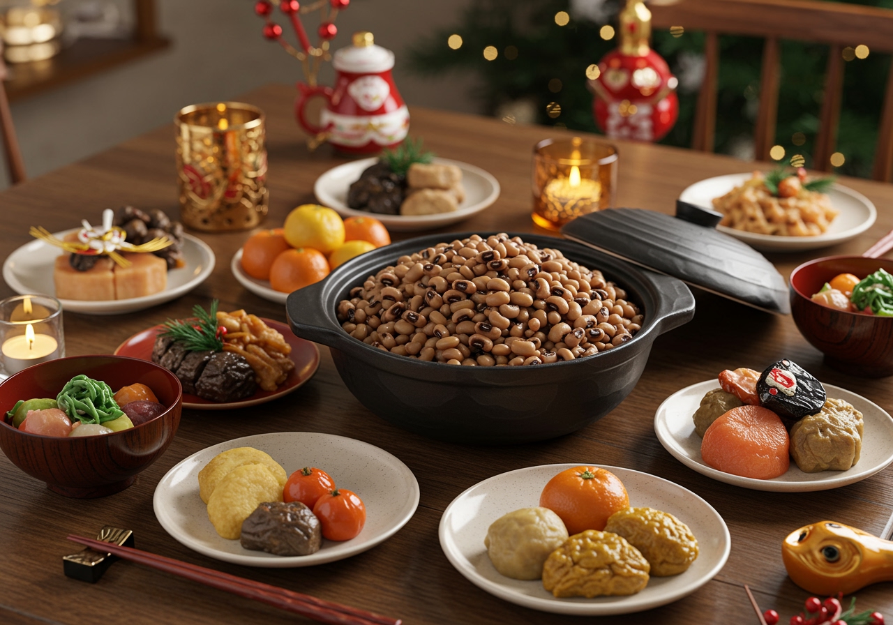 A festive New Year's table setting with a large serving bowl of Chef Mo's Black-Eyed Peas as the centerpiece, surrounded by small plates of various Japanese and American New Year's delicacies, candles, and a joyful atmosphere.