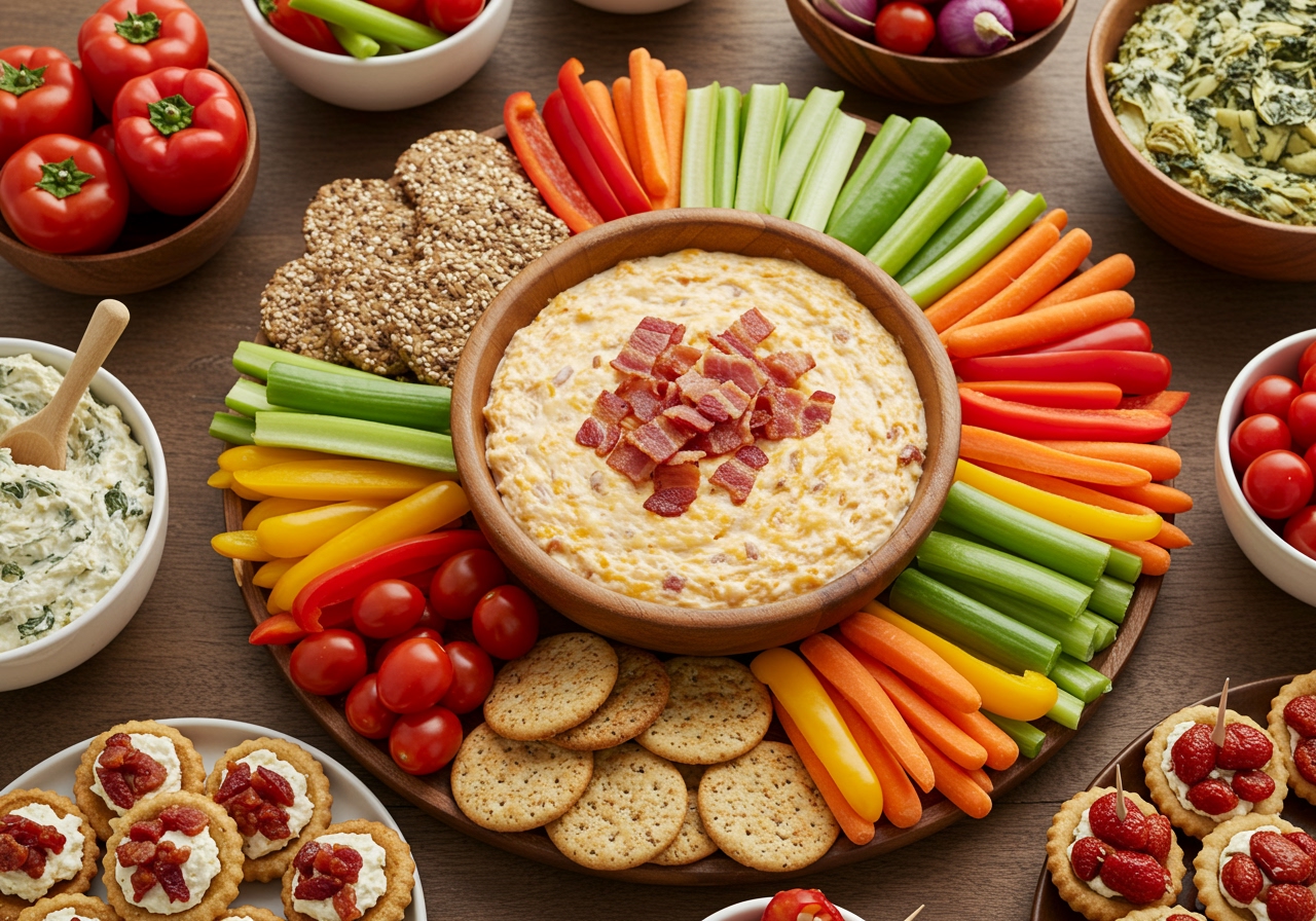 A festive party spread featuring the bacon and onion cheese dip in a central bowl, surrounded by colorful vegetables, various crackers, and other appetizers.
