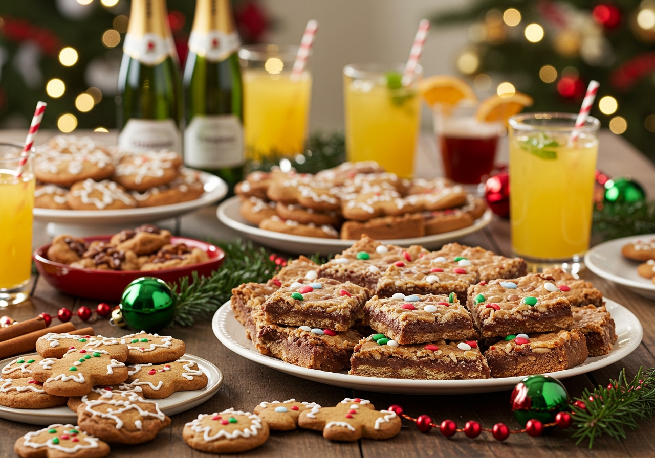 A festive table setting during the holidays, with a platter of gluten-free holiday bliss cookie bars as the centerpiece dessert, surrounded by drinks and other treats.