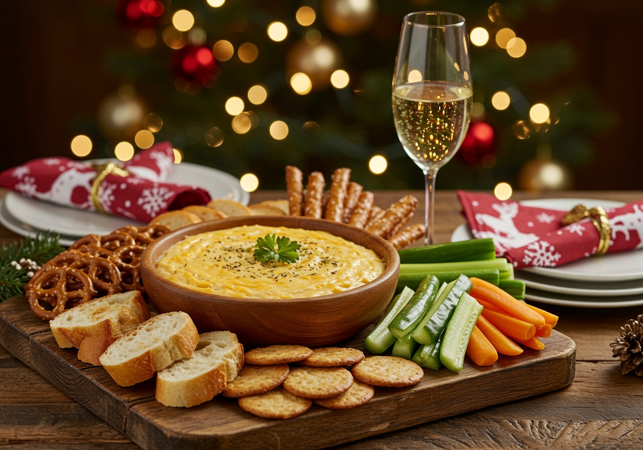 A festive table setting with Eileen's Christmas cheese dip as the centerpiece, surrounded by various dippers, Christmas-themed napkins, and a glass of sparkling white wine.