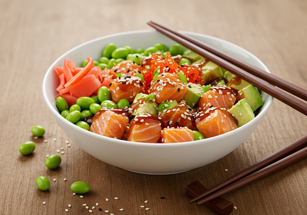 A final, appealing image of the finished Salmon and Avocado Poke Bowl, perhaps with chopsticks resting on the side, ready to be eaten.