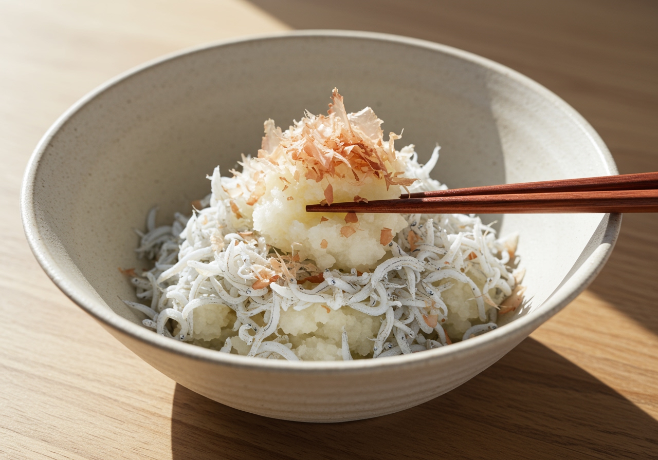 A final appealing photo of the shirasu and daikon oroshi dish with chopsticks, ready to be eaten