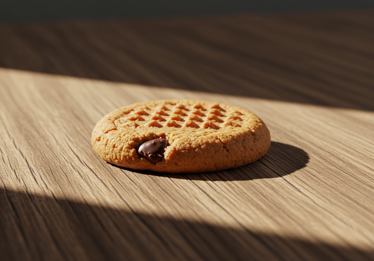 A final artistic shot of a single perfect peanut butter chocolate chip cookie on a rustic surface.