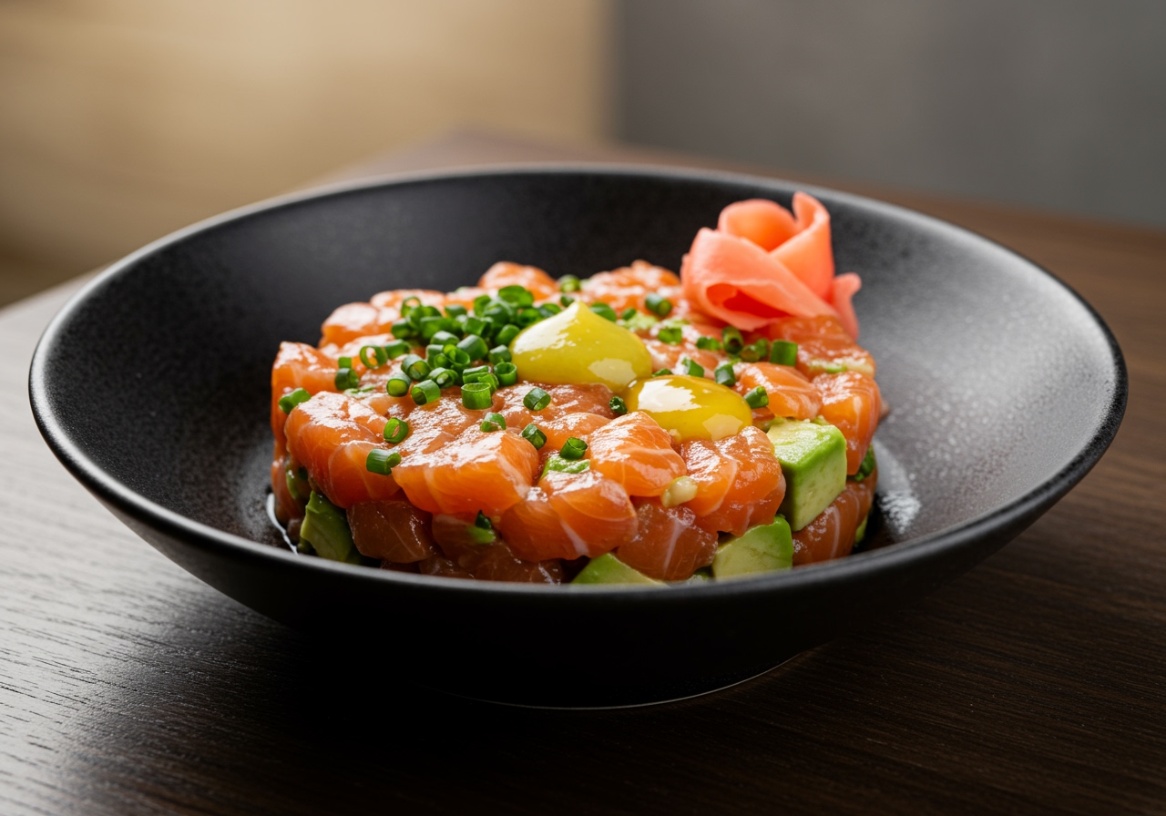 A final beauty shot of the completed salmon tartare yukhoe, maybe presented in a stylish bowl or on a plate with garnishes.