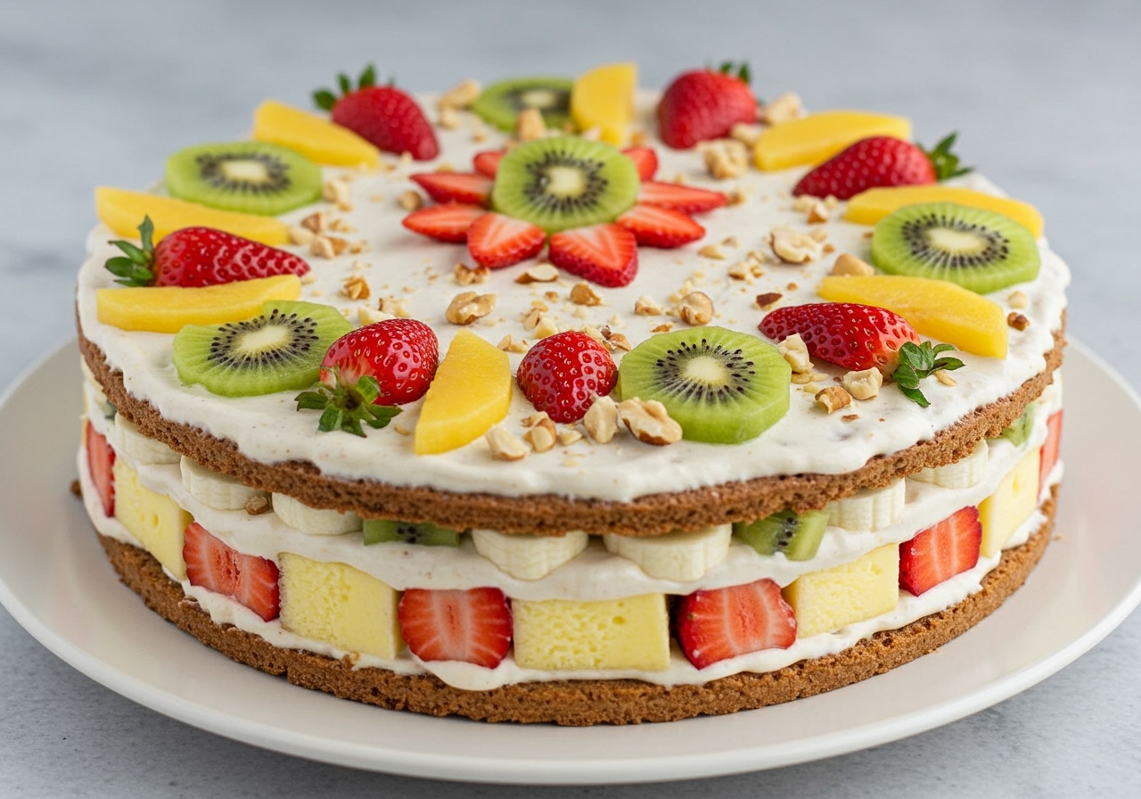 A final beauty shot of the healthy ice cream sandwich cake, showing its impressive layers and perhaps a creative healthy topping like fresh fruit geometric patterns or chopped nuts sprinkled over.