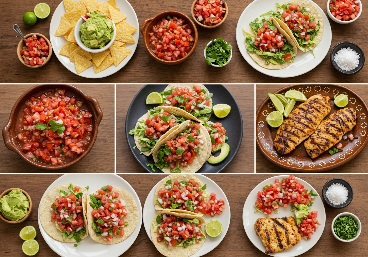 A final hero shot of a wooden table spread with a variety of dishes all incorporating fresh tomato salsa: a bowl of salsa, a plate of chips, tacos, and maybe grilled fish or chicken with salsa on top. The scene should look appetizing and inviting.