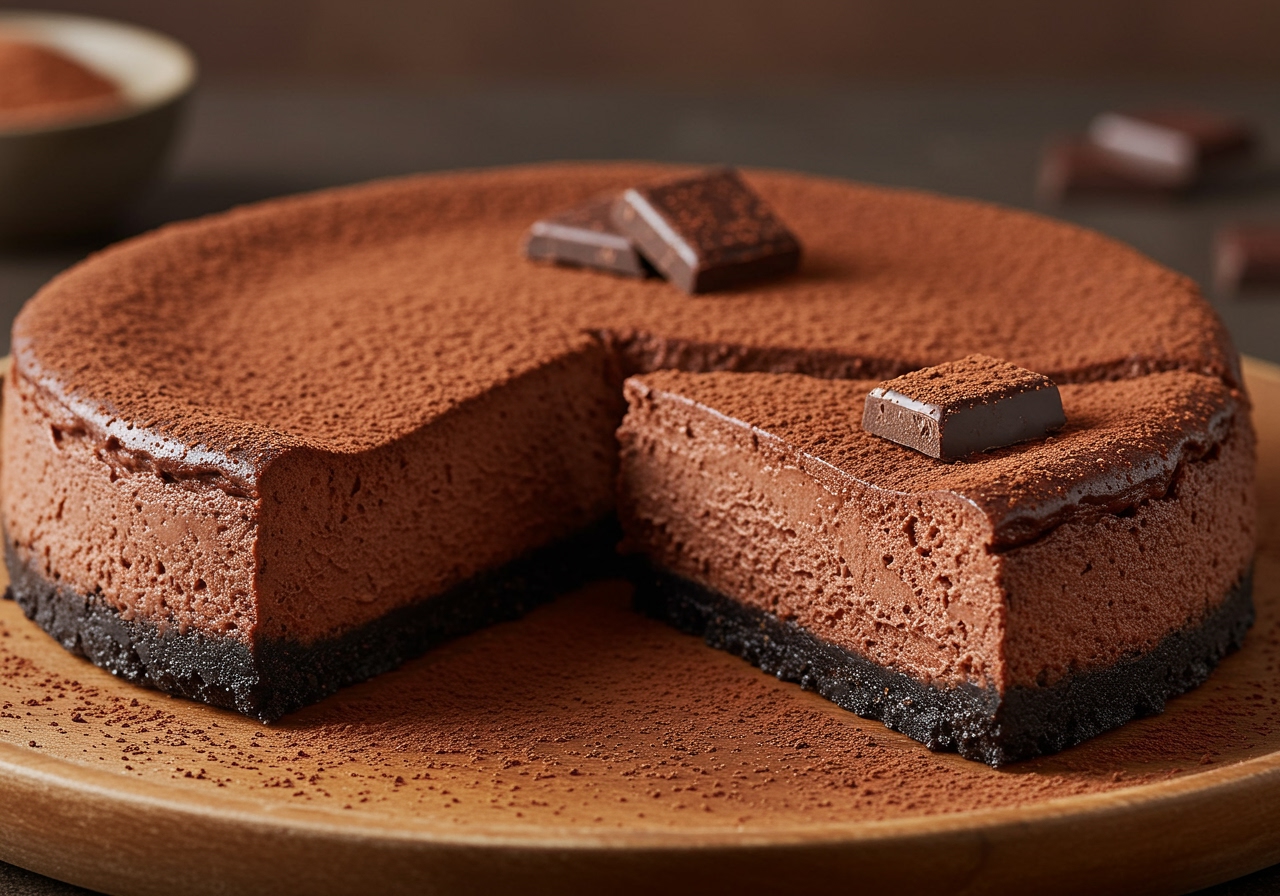 A final hero shot of the sliced no-bake double chocolate cheesecake, garnished with a sprinkle of cocoa powder or a piece of chocolate.