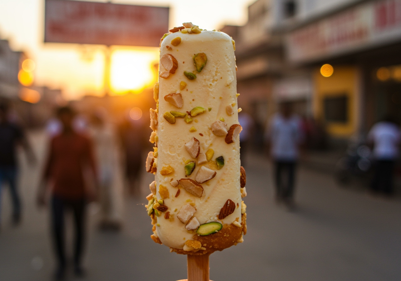 A final image of a finished Kulfi stick, perhaps with nuts sprinkled on top, being held up or placed on a serving plate, looking delicious and ready to eat.