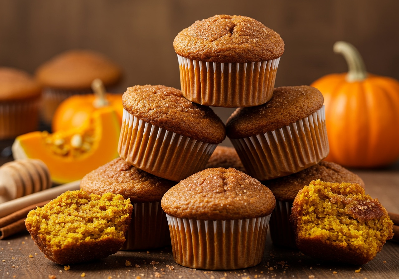 A final image of a stack of several pumpkin muffins, perhaps with a pumpkin or honey dipper in the background.