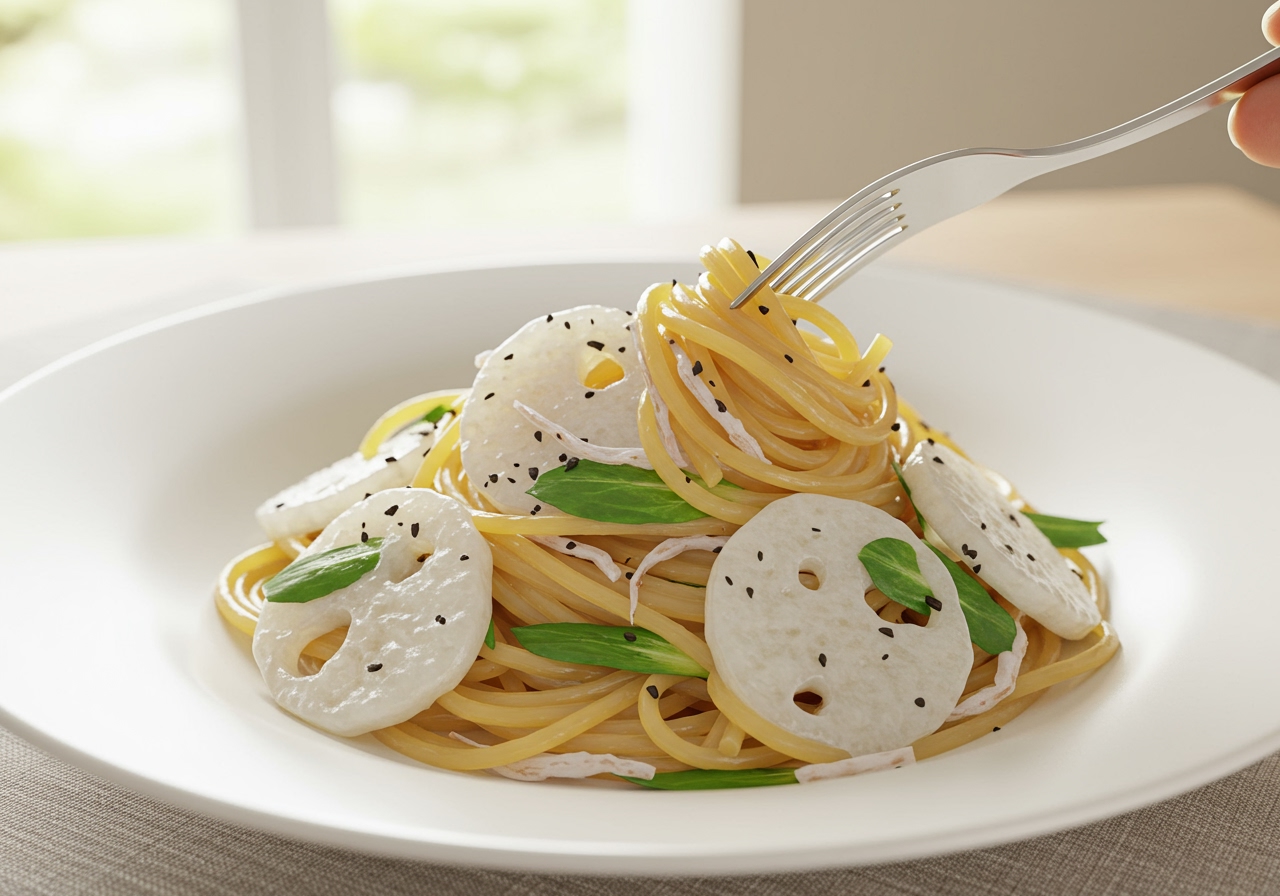 A final image of the served Shirasu and Daikon Oroshi cold pasta, perhaps with a fork twirled into it, ready to be eaten.