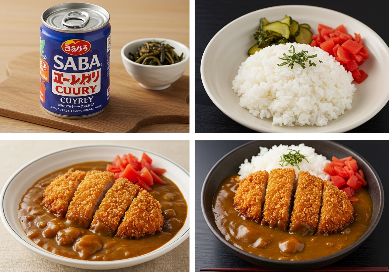 A final image showcasing the delicious looking Saba can curry, maybe with a scoop of rice and a side of Japanese pickles (tsukemono), emphasizing the completed dish and its serving suggestion.